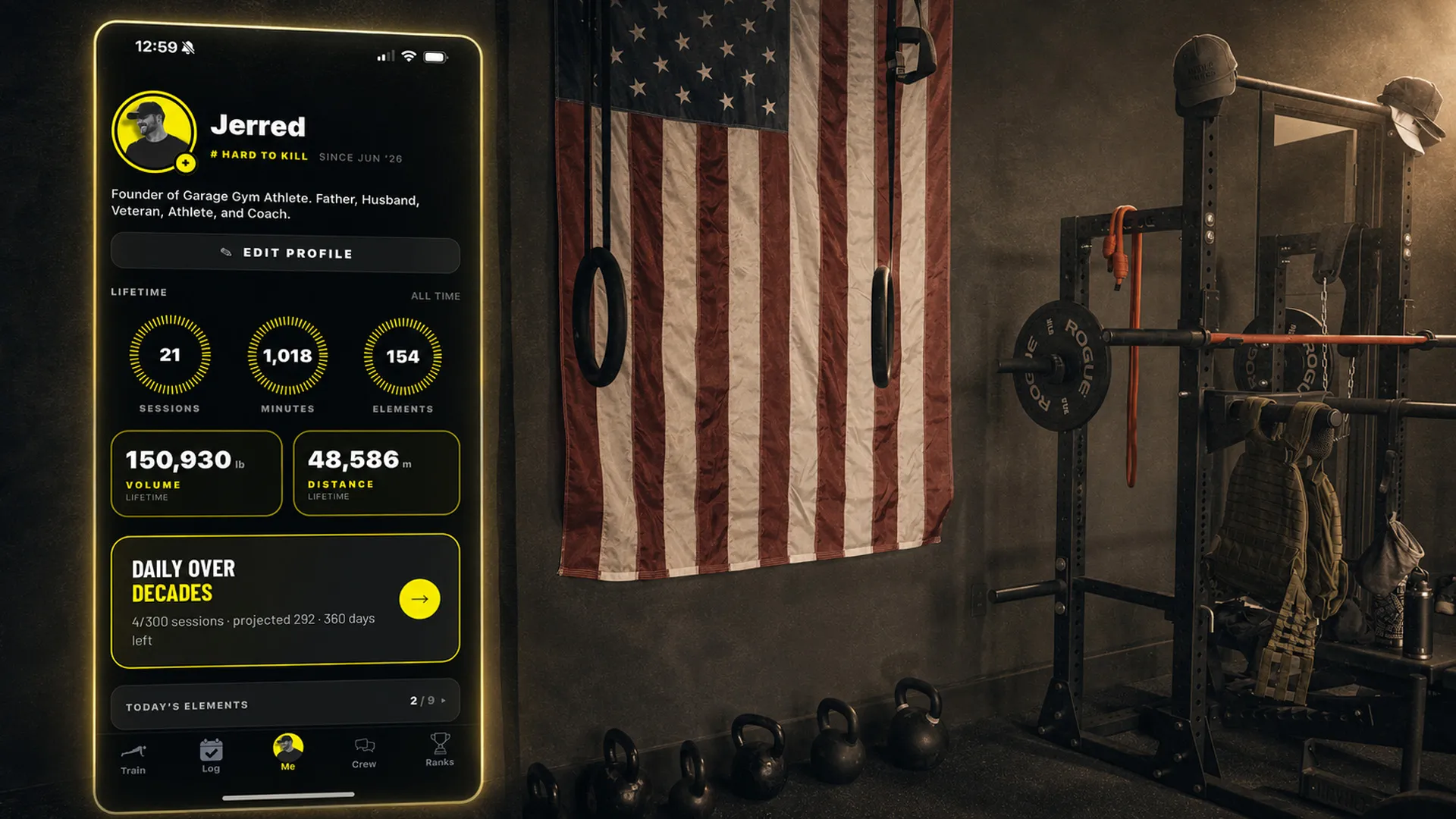 The Garage Gym Athlete app glowing on a phone in a garage gym with a flag, rings, and kettlebells