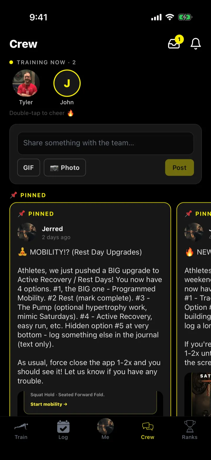 The Crew feed showing athletes training now, cheers, and pinned coach posts