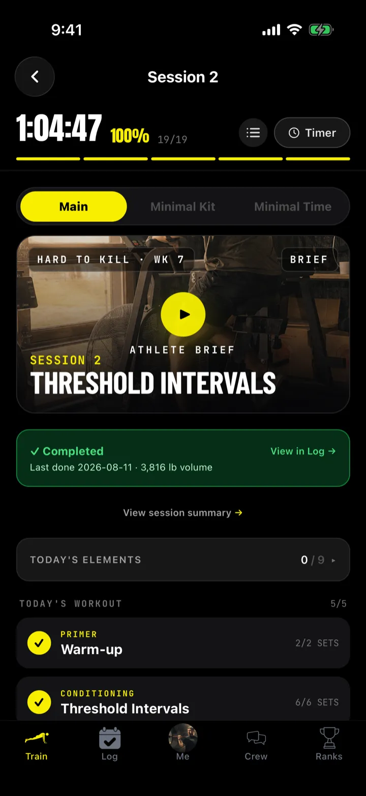 A session in the app with the athlete brief and workout plan