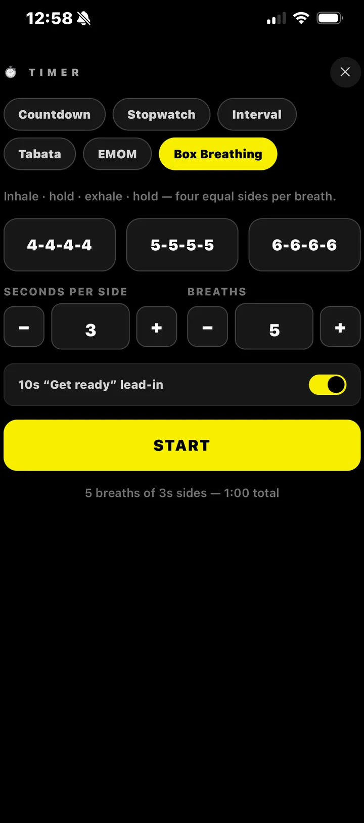 Box breathing recovery timer