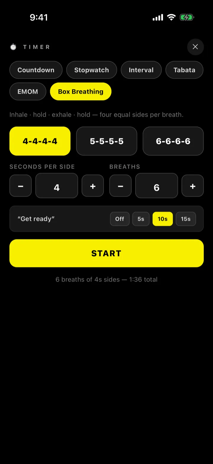 Box breathing recovery timer
