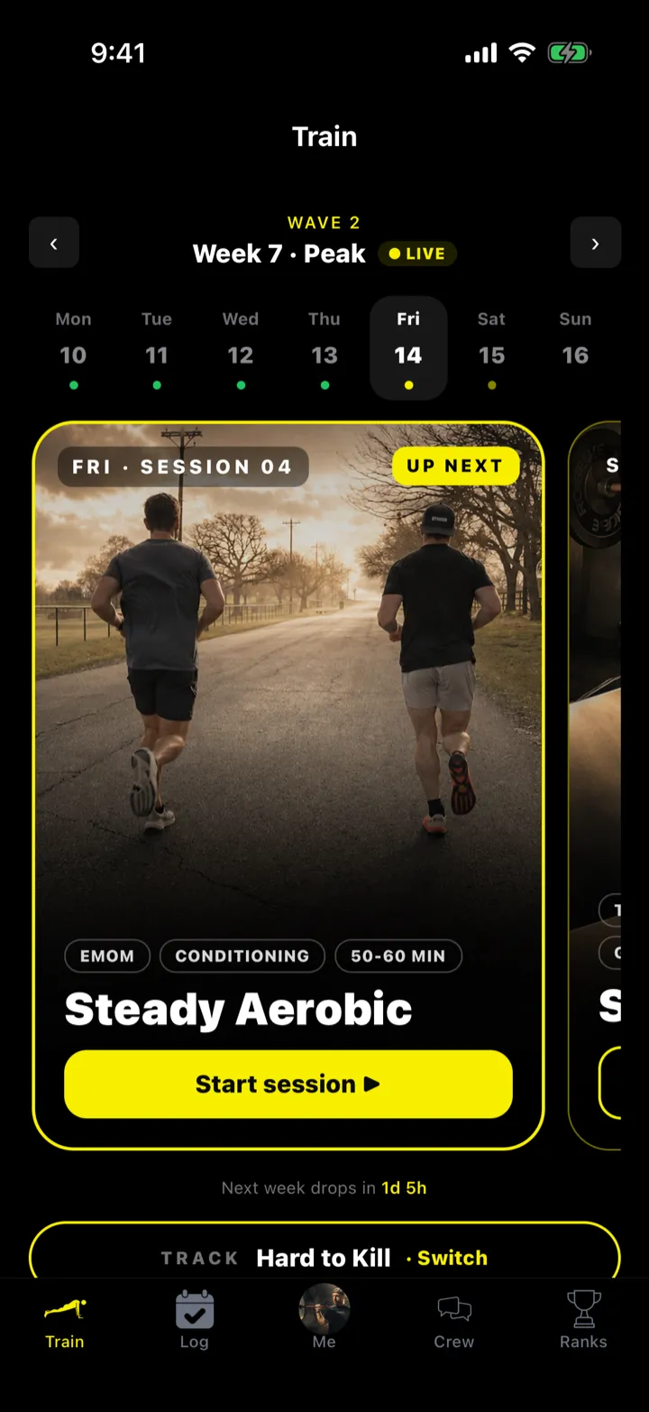 The Train tab showing this week of sessions with today up next